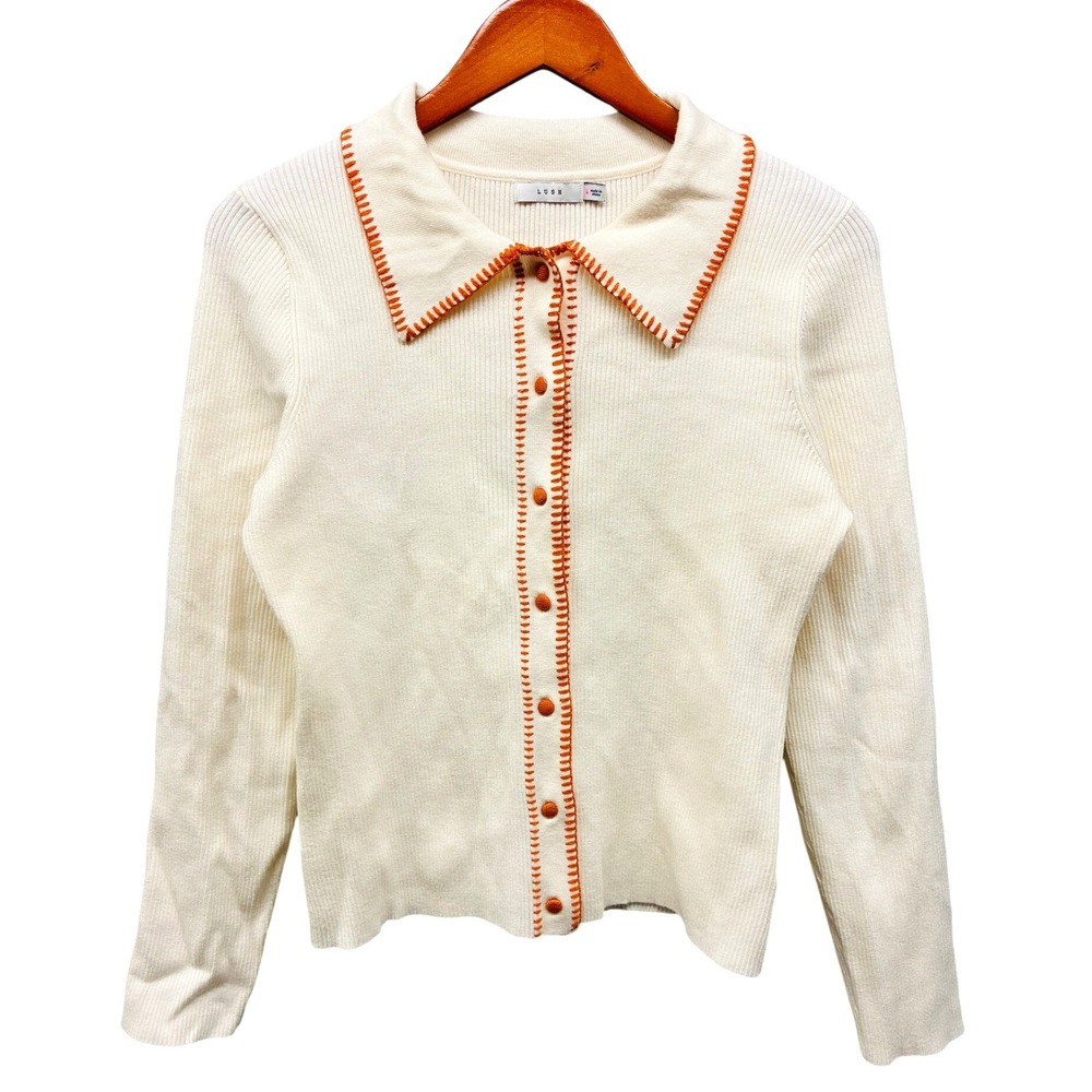 Lush Cardigan Women's L Cream Rust Ribbed Button Front Collared Knit Casual